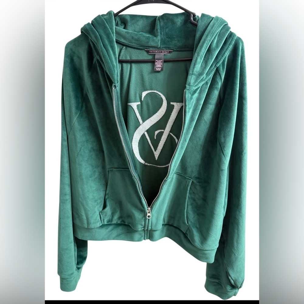 Victoria’s Secret Emerald Green Velour Zip Hoodie XL Plush Velvet Y2K Lounge - Picture 5 of 13